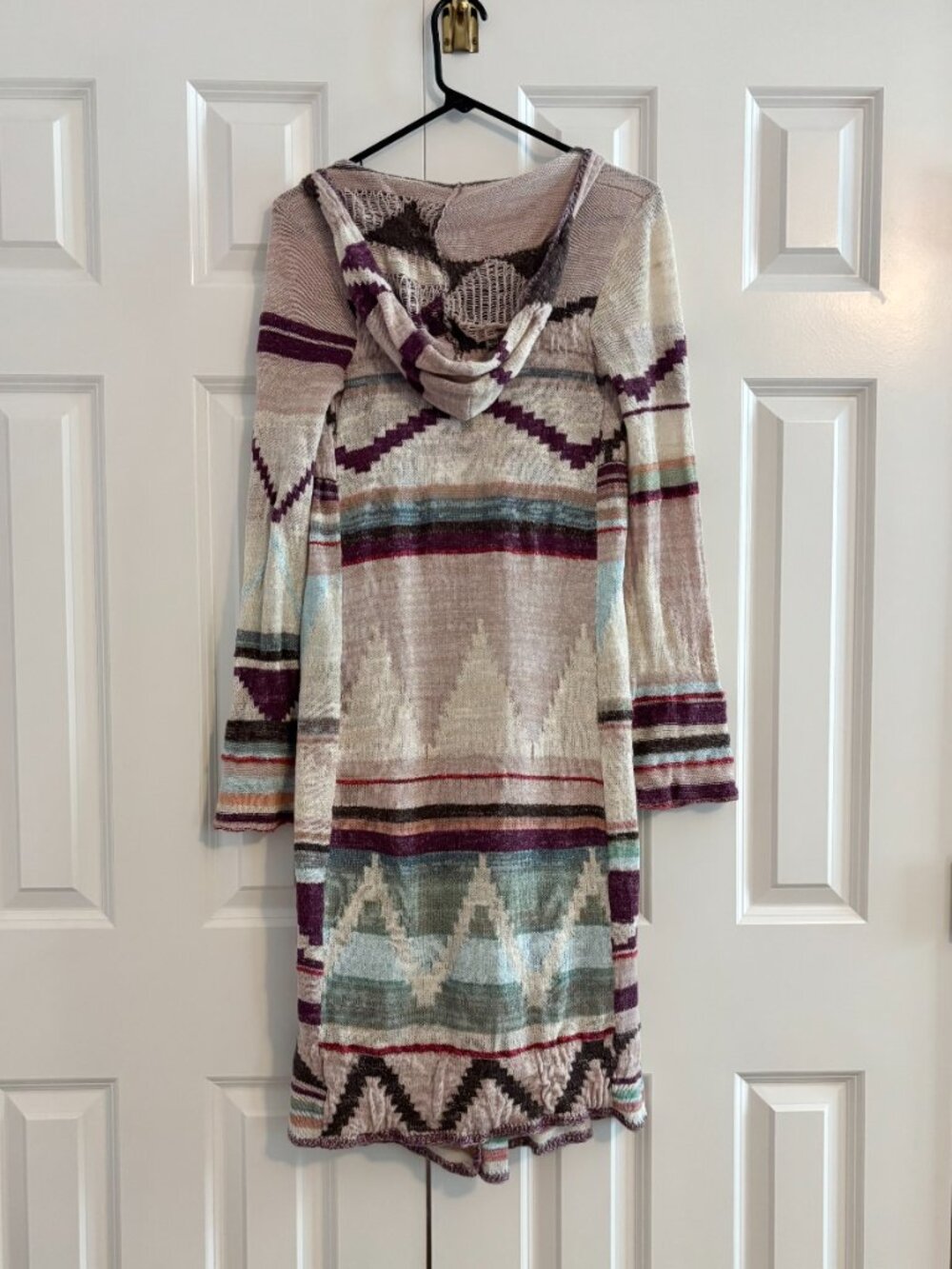 Free People Cream Purple Blue Boho Southwestern Long Duster Hooded Cardigan S - Picture 4 of 16